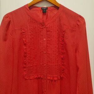 J.CREW Women's RED Tiny White Dot BLOUSE Romantic Button Up Long Sleeve Size 10